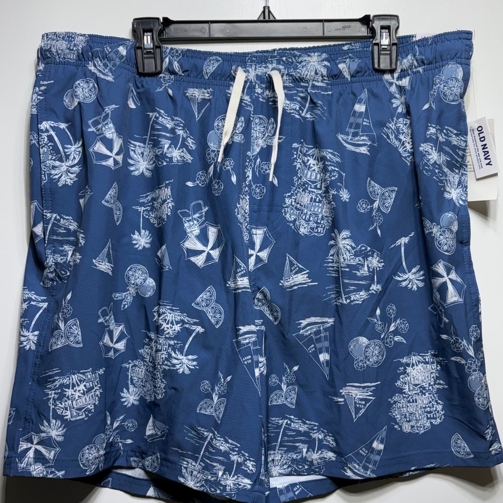 Old Navy‎ Mens XL Swim Trunks Navy Blue Nautical Sailboat Tropical 7 Inch Inseam